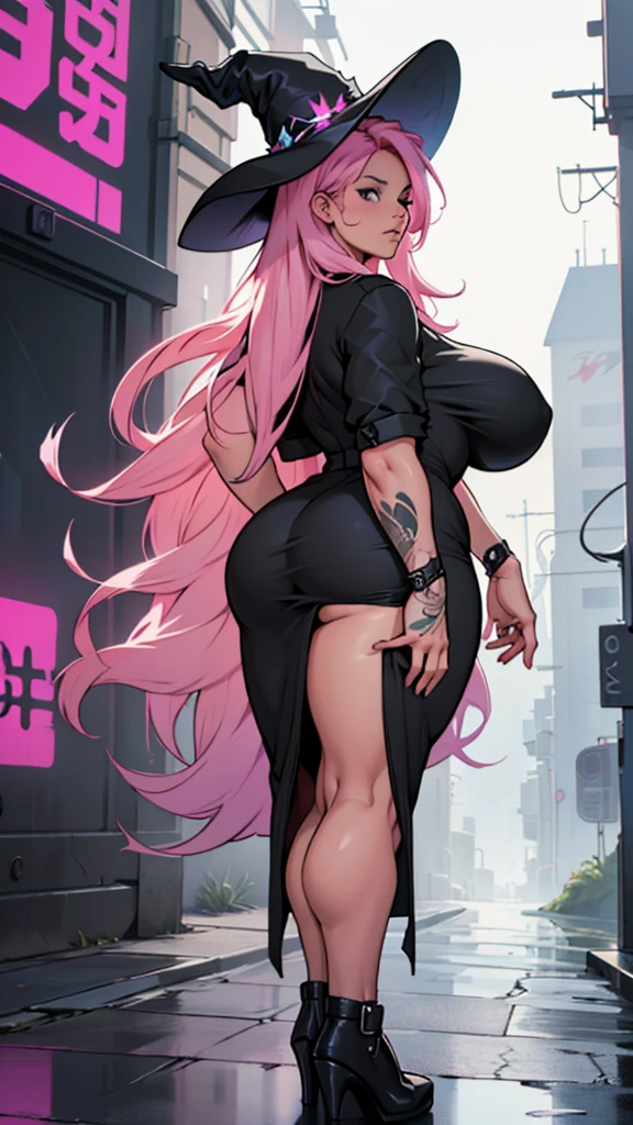 older woman, in their 30s, with long pink hair and tall, curvy body seen from behind, standing backwards, breasts big, Breasts huge, (work of art, best qualityer:1.2) wearing the legendary great black dress of the mystical sorceress, Big witch hat, standing alone, alone, cybernetic tattoo, pink massive hair