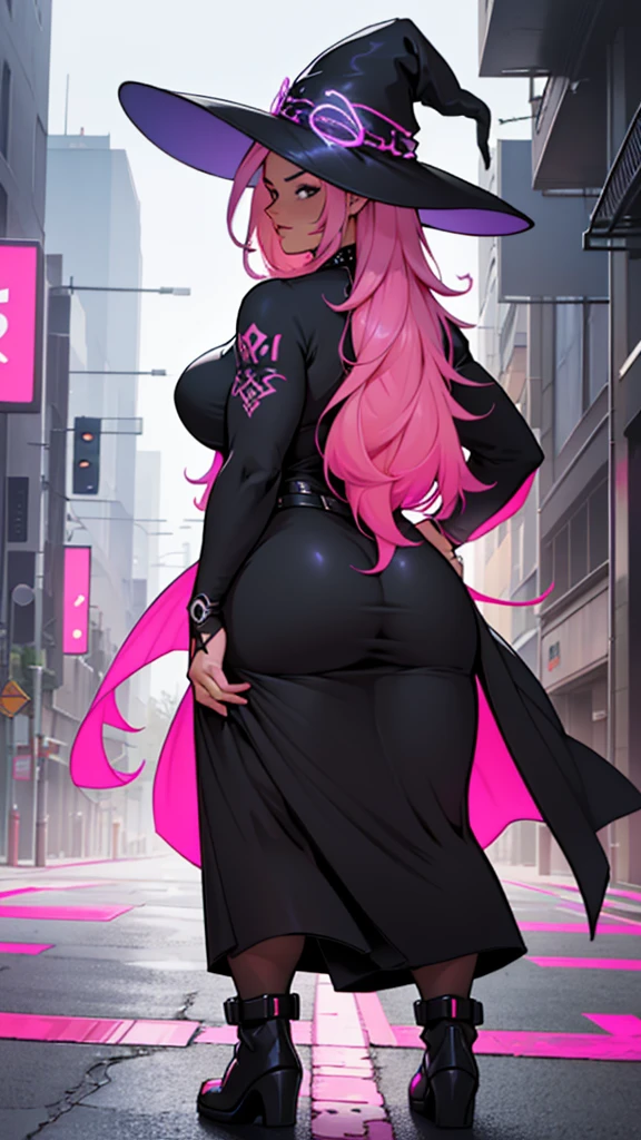 older woman, in their 30s, with long pink hair and tall, curvy body seen from behind, standing backwards, breasts big, Breasts huge, (work of art, best qualityer:1.2) wearing the legendary great black dress of the mystical sorceress, Big witch hat, standing alone, alone, cybernetic tattoo, pink massive hair