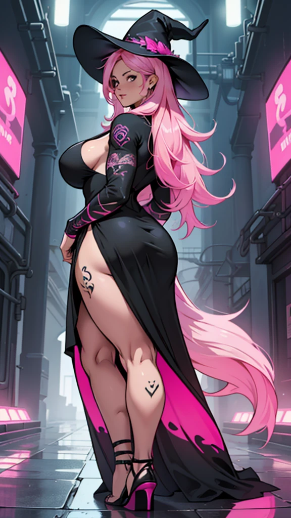 older woman, in their 30s, with long pink hair and tall, curvy body seen from behind, standing backwards, breasts big, Breasts huge, (work of art, best qualityer:1.2) wearing the legendary great black dress of the mystical sorceress, Big witch hat, standing alone, alone, cybernetic tattoo, pink massive hair