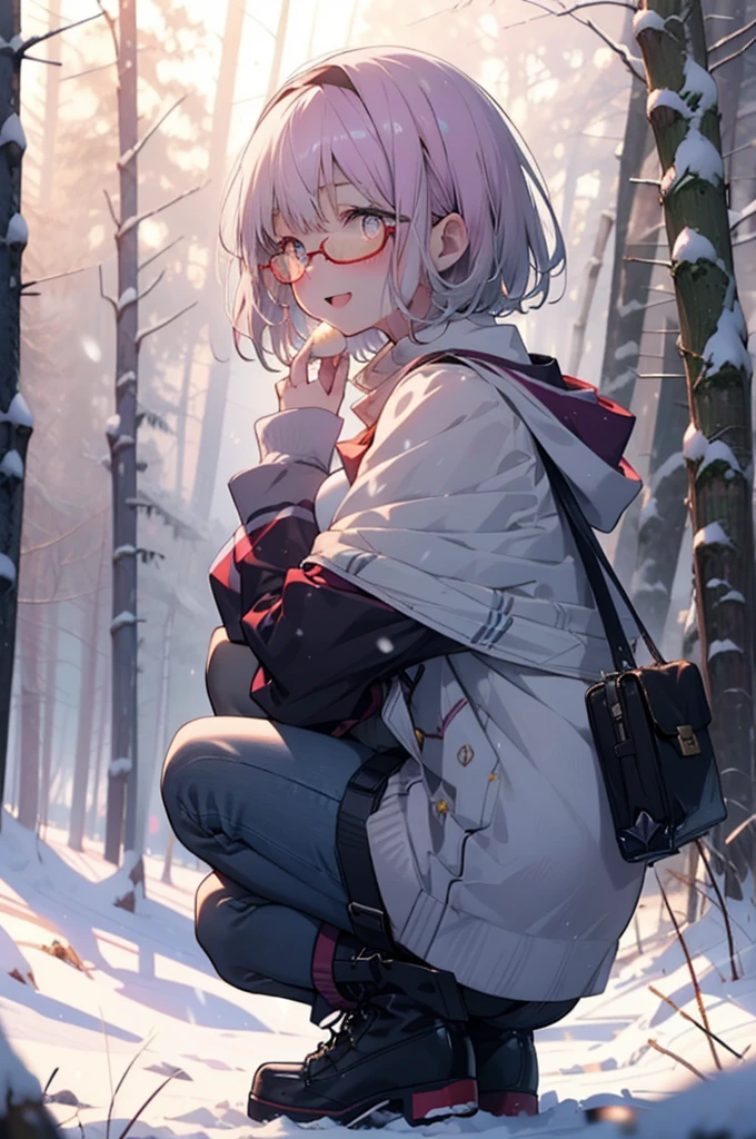 akaneshinjou, shinjou akane, Light purple hair, (Pink Eyes:1.2), short hair,Akagi Glasses,hair band,smile,blush,White Breath,Big Breasts,
Open your mouth,snow,Ground bonfire, Outdoor, boots, snowing, From the side, wood, suitcase, Cape, Blurred, having meal, forest, White handbag, nature, Squat, Mouth closed, Cape, winter, Written boundary depth, Black shoes, red Cape break looking at viewer, Upper Body, whole body, break Outdoor, forest, nature, break (masterpiece:1.2), Highest quality, High resolution, unity 8k wallpaper, (shape:0.8), (Beautiful and beautiful eyes:1.6), Highly detailed face, Perfect lighting, Highly detailed CG, (Perfect hands, Perfect Anatomy),