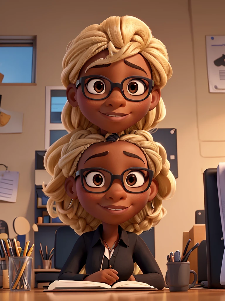 portrait of a black woman alone 3D pixar style, sitting looking forward at an office desk, with blonde braid, slight smile on your face, With glasses, large breasts, a black shirt