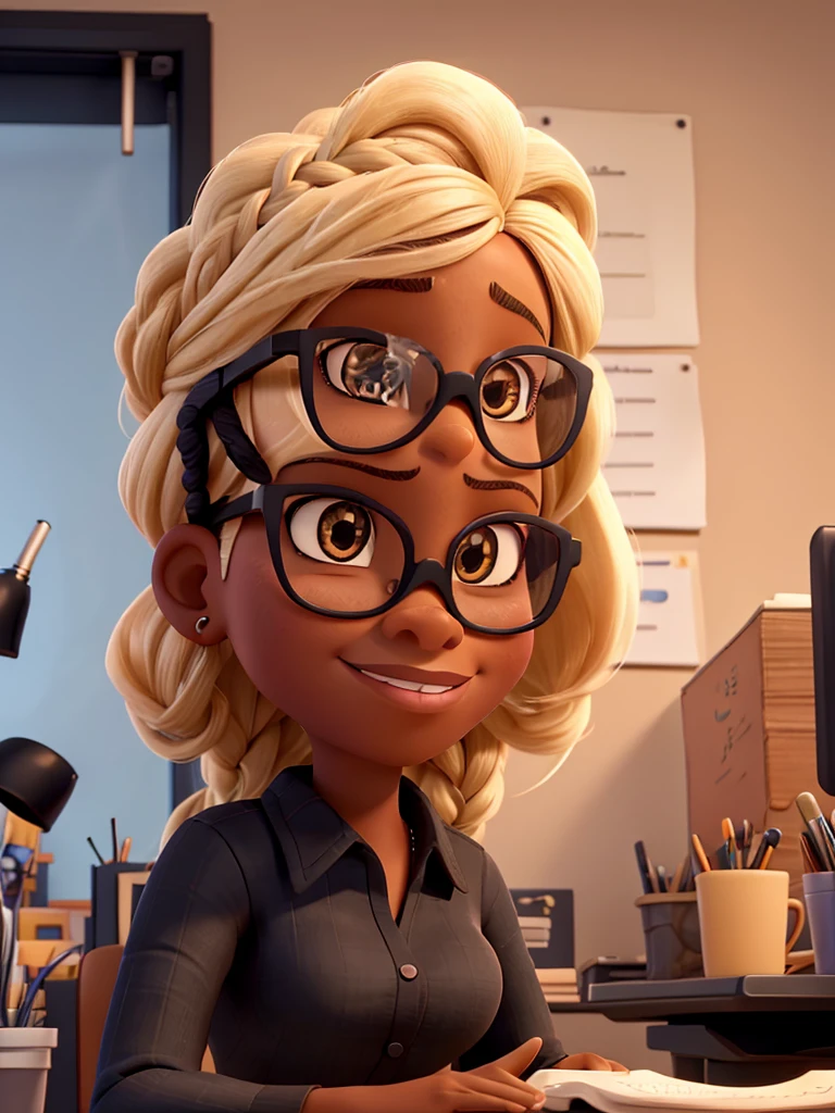 portrait of a black woman alone 3D pixar style, sitting looking forward at an office desk, with blonde braid, slight smile on your face, With glasses, large breasts, a black shirt