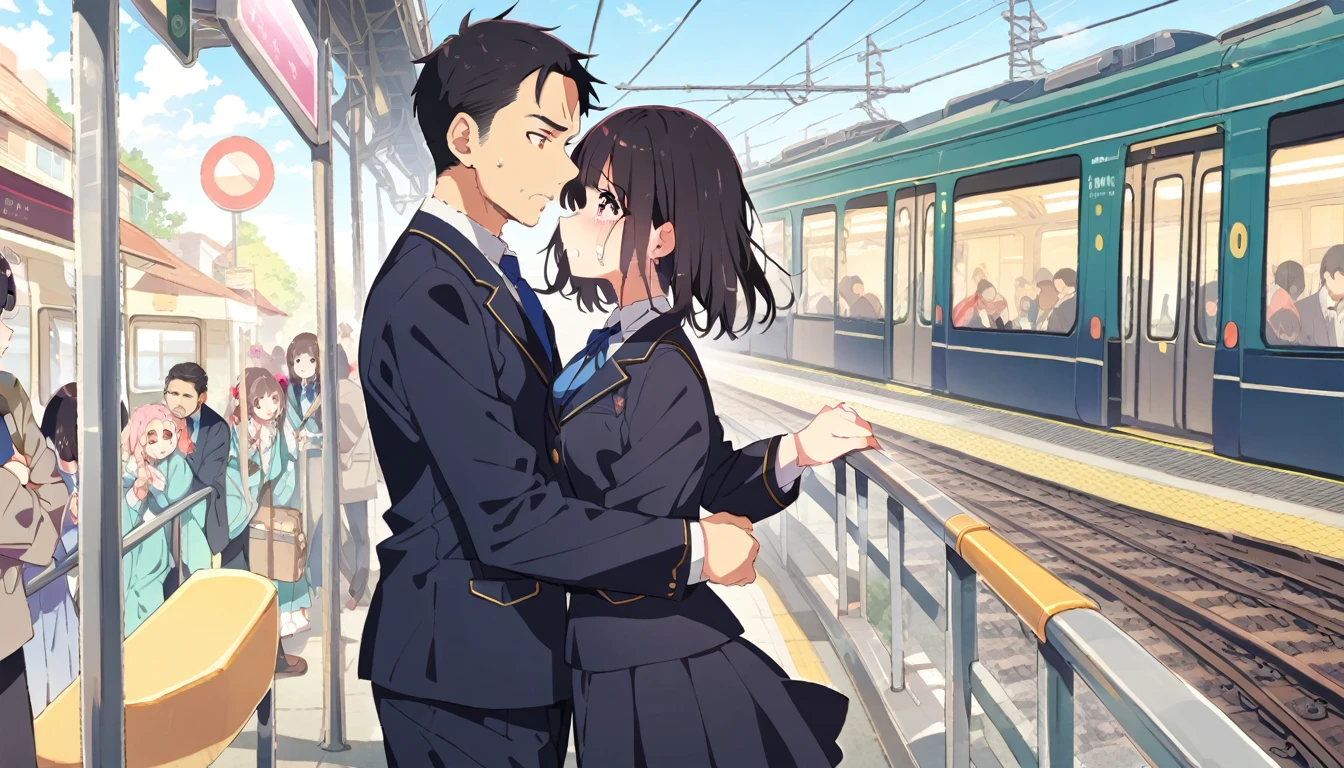 A middle-aged man is touching the buttocks of a crying girl in a blazer uniform with black bob hair from behind while she is holding on to the handrail of a train