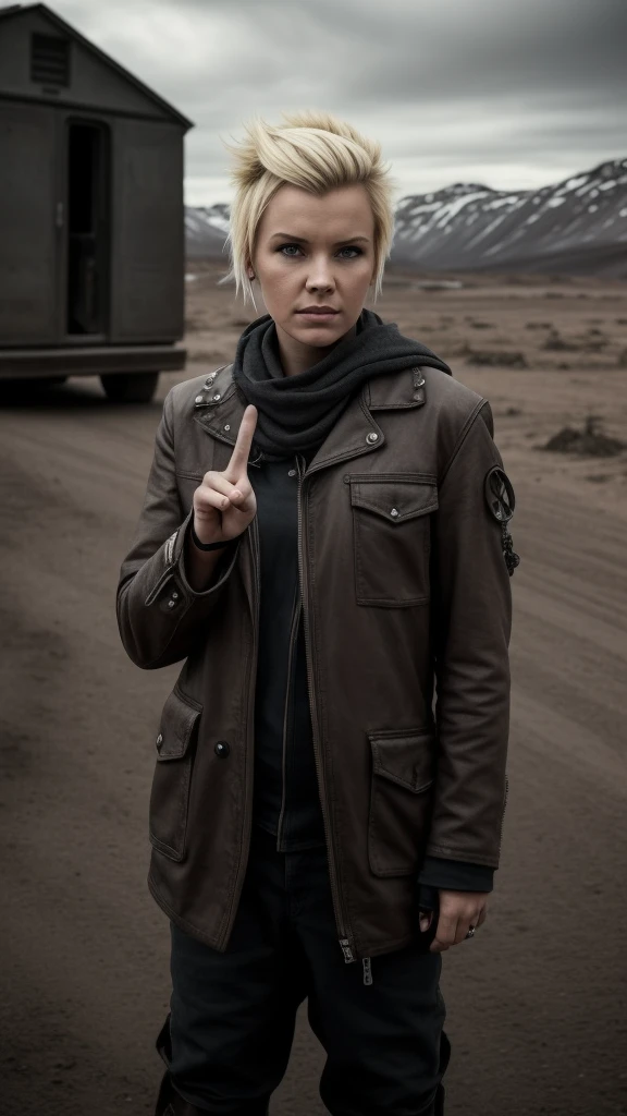 Blonde girl, her hand making the peace gesture with the index and middle fingers raised and separated to form a "V" shape, while the thumb, ring finger, and pinky are folded down. She is in a Mad Max outfit, post-apocalyptic style, with a punk hairstyle, in a Norwegian landscape. Realistic photo, dark and moody.