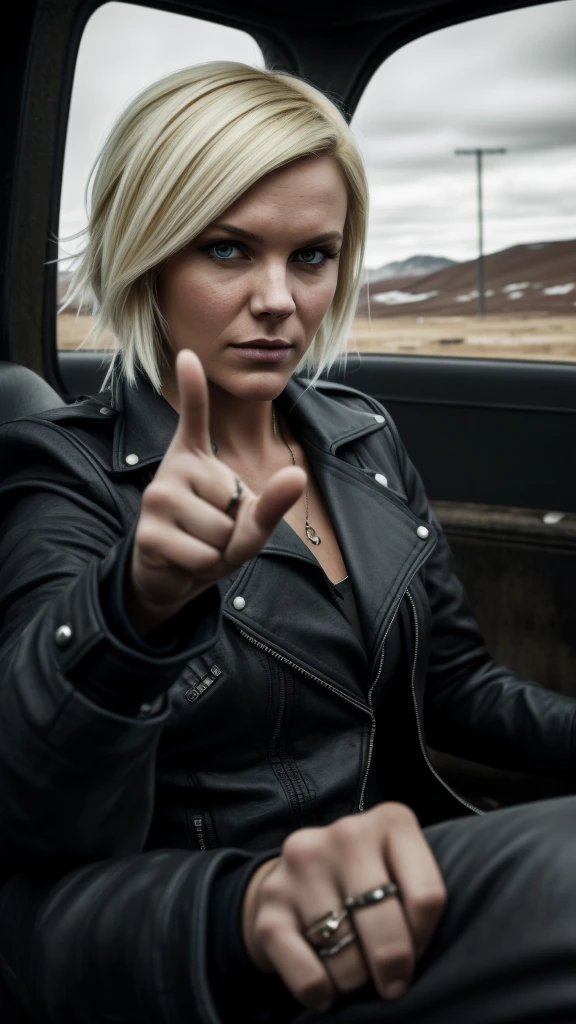 Blonde girl, her hand making the peace gesture with the index and middle fingers raised and separated to form a "V" shape, while the thumb, ring finger, and pinky are folded down. She is in a Mad Max outfit, post-apocalyptic style, with a punk hairstyle, in a Norwegian landscape. Realistic photo, dark and moody.