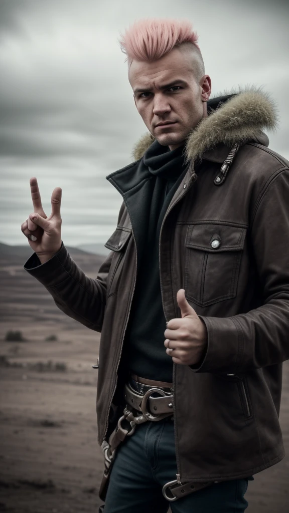 Blonde girl, her hand making the peace gesture with the index and middle fingers raised and separated to form a "V" shape, while the thumb, ring finger, and pinky are folded down. She is in a Mad Max outfit, post-apocalyptic style, with a punk hairstyle, in a Norwegian landscape. Realistic photo, dark and moody.