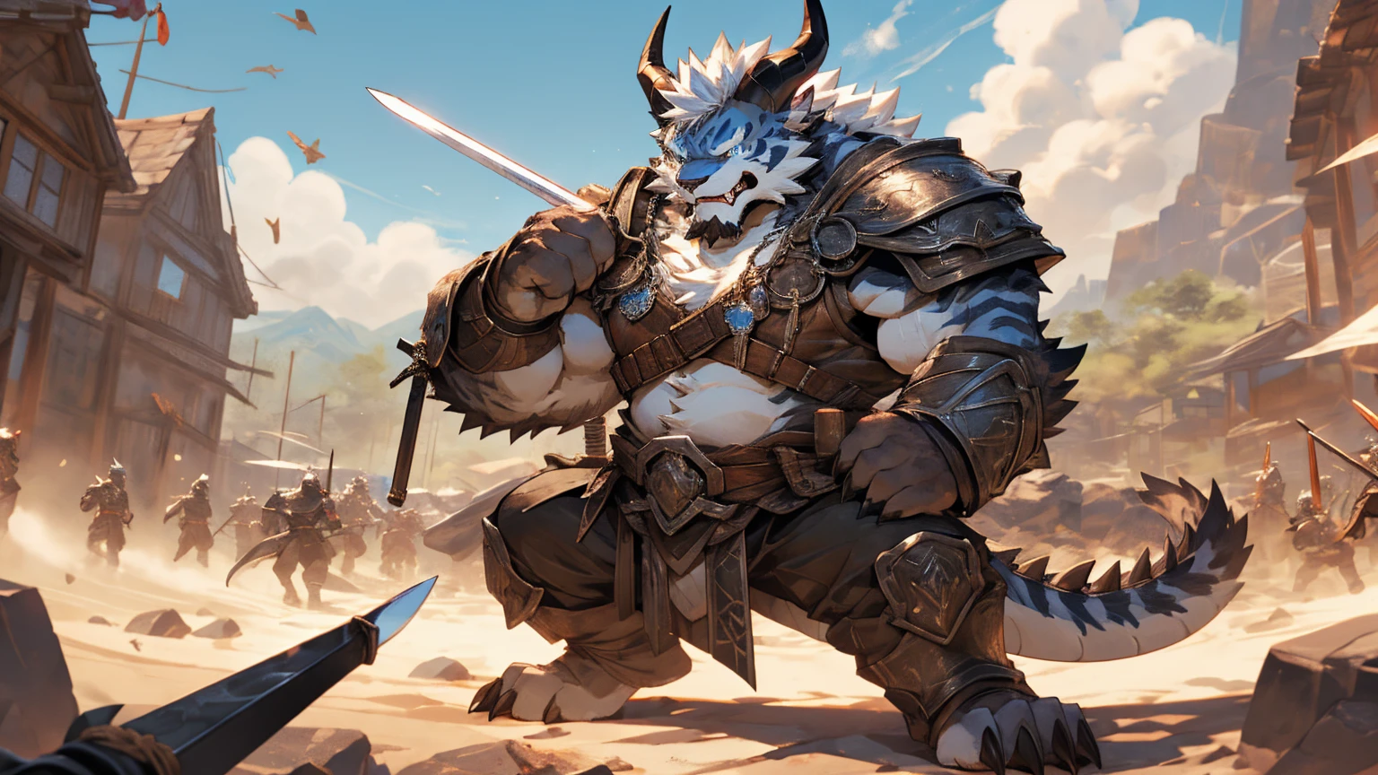 head、Animal cat face、A pair of dragon horns,Full body of fluffy white hair、Heavy breathing、Gnashing of teeth,Serious expression,Fluffy belly、Leather Armor,Viking style,wildcat、blue eyes,(contour)Full body covered with long white hair、Hairy body、Long and thick armpit hair、Fangs、4K,War Background,Sharp claws、Capture the composition of the whole body、 A sword,Hold the hilt of the sword in your left hand,Fighting Stance,HD