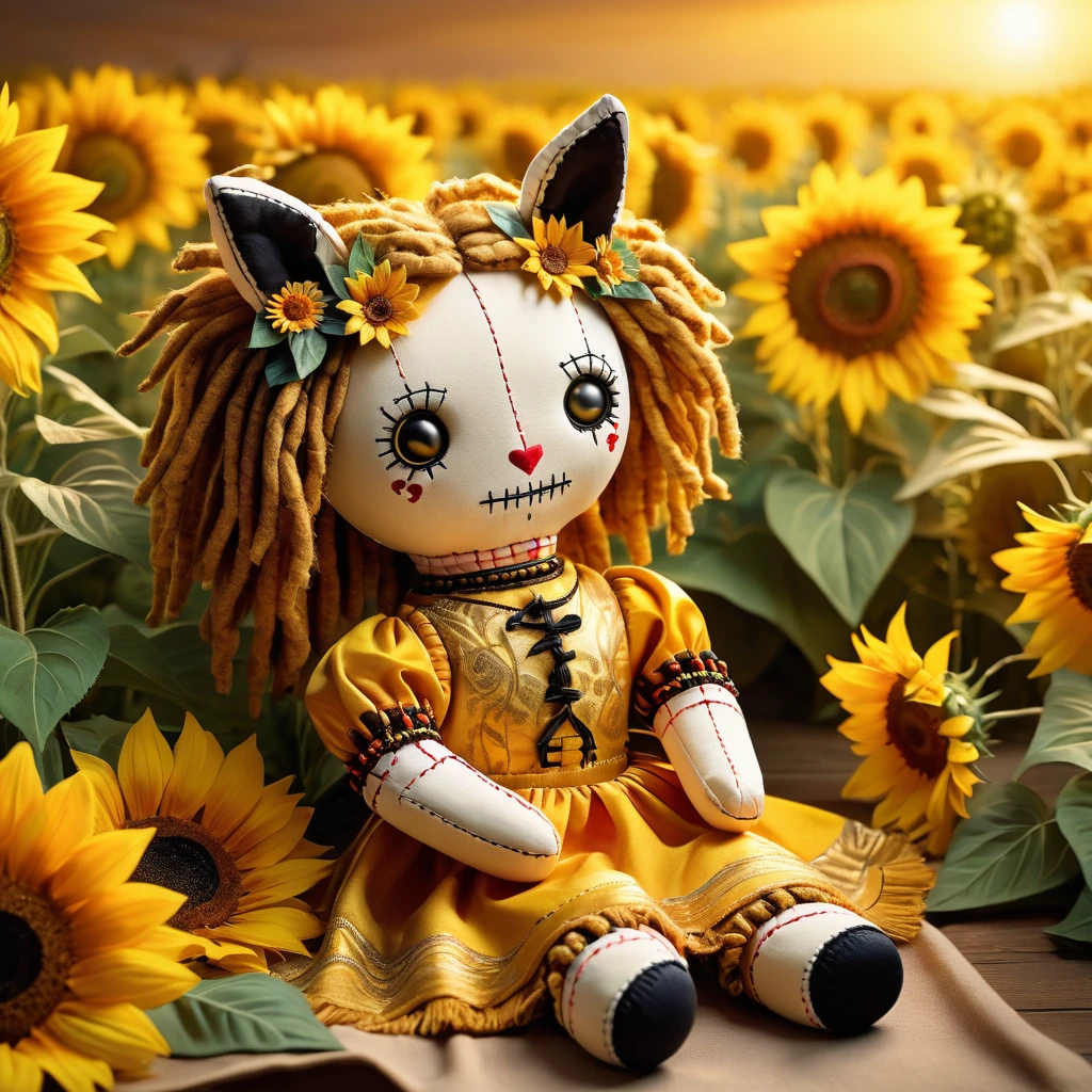 (knitted toy voodoo doll:1.8), (Voodoo Horse of the Golden Meadow:1.1), (Clothing: sunlit tunic with golden patterns:1.0), (Accessories: enchanted bridle emitting golden light, levitating sunflowers:1.1), (background: golden meadow with floating flowers, glowing plants, and a radiant sun:1.2), best quality, masterpiece, detailed soft oil painting, detailed background, dramatic cinematic lighting, soft edge lighting, professional, dramatic lighting, hard edge lighting, ultra quality, 4k, masterpiece, best quality, 8k, ultra high definition, high resolution, extremely detailed