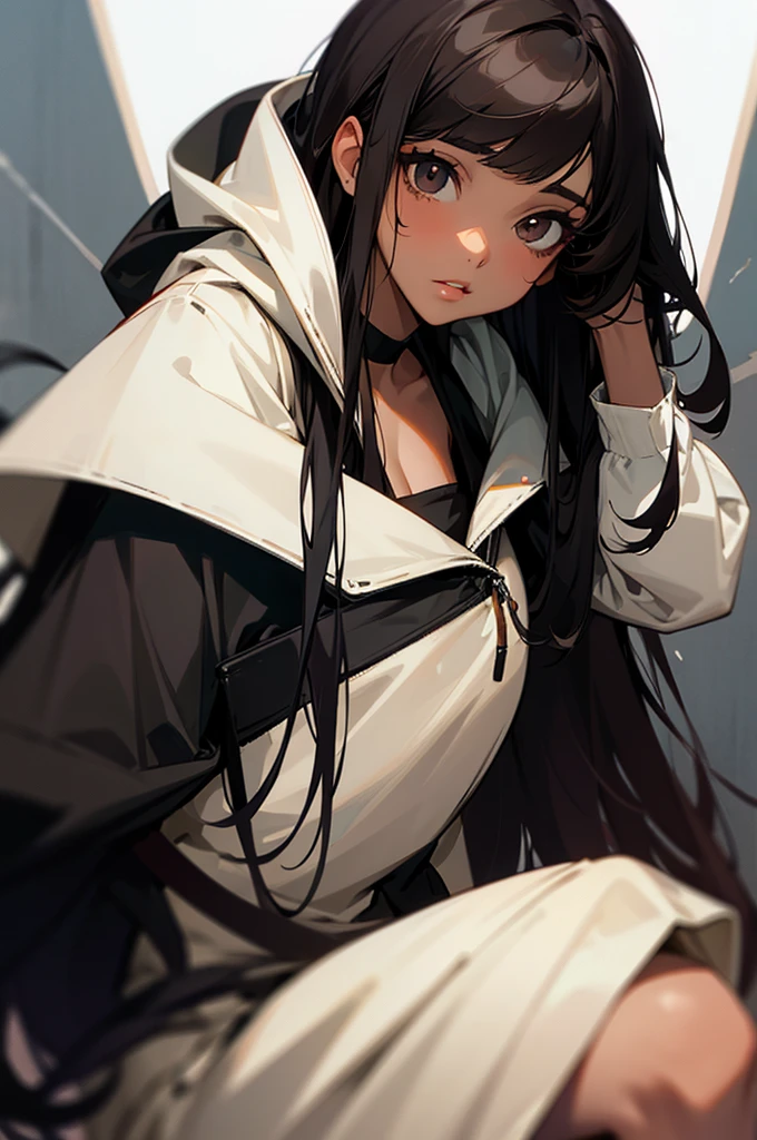 have long straight black hair. brown black eye. hooded eye. brown skin. a bit messy bangs. normal lips.