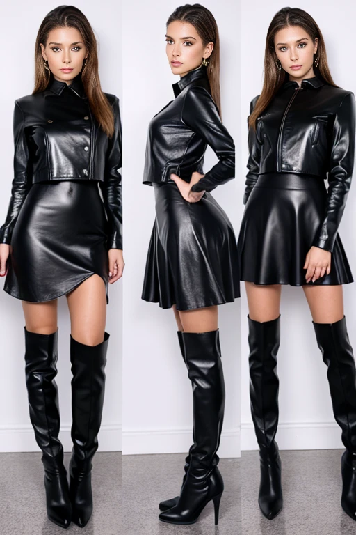 Best quality, 8 k, 32 thousand., masterpiece, uhd: 1.3), Photos of attractive Ukrainian women, Three girls, (whole body : 1.0), press, Perfect body, (formal leather jacket:1.0),(long skirt:1.1),(boots:1.1),ultra detailed face, Detailed lips, Perfect eyes, double eyelids, hair ponytail, full length