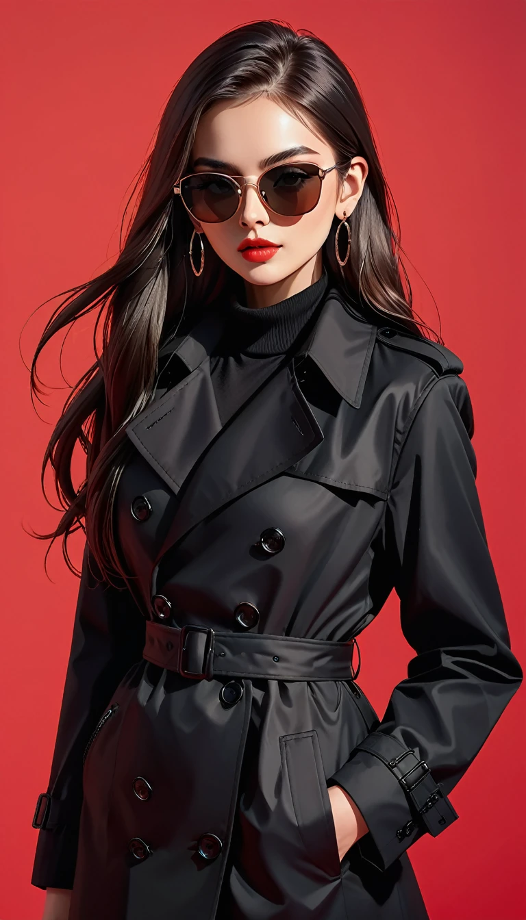 (masterpiece，high quality，8K).beautiful girl，Skin details，Bright Eyes，Straight long hair，sunglasses，Exaggerated earrings，Unique，Staring at the audience），（Black trench coat suit：1.37）。Light and Shadow，Clean and simple red background