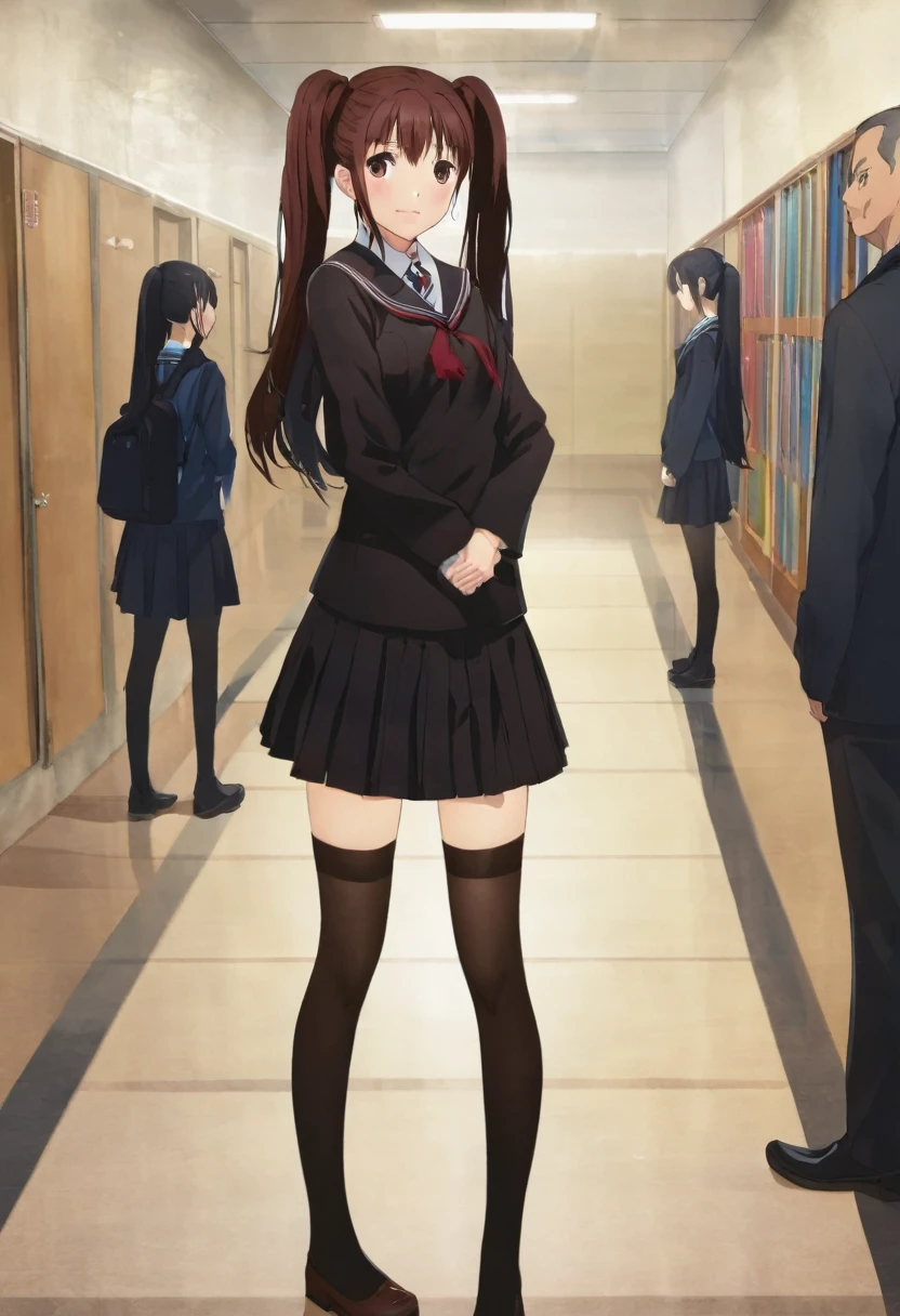 dsrise, brown hair, long hair, twintails, brown eyes, yasogami , serafuku, black thighhighs, 1girl, solo BREAK standing, school hallway, cinematic, game cg, anime screencap, official art, masterpiece, best quality