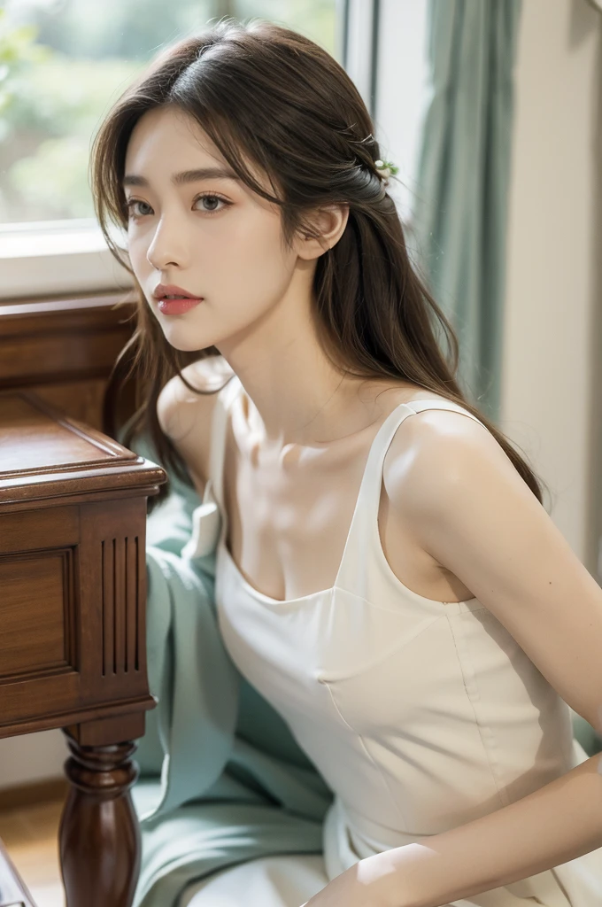 (((best quality))),(((ultra detailed))),(((masterpiece))),illustration,1girl,high school girl,solo,slim,thin,small breasts,flat chest,summer,sunshine,luxurious classroom,anticipation,beautiful,elegant,desk,college application form,sleeveless dress,light blue,summer sky,delicate floral pattern,shoulder length straight hair,sunlight,shimmering aura,fair skin,smooth skin,deep green eyes,luxury,plush leather chairs,richly patterned walls,state-of-the-art technology,open windows,summer breeze,freshly mown grass,distant bird songs,graceful movements,precise movements,serene face,focus,determination,dreams,aspirations,journey,fulfill academic goals,portrait,resilience,hope,future,courage,confidence,from front