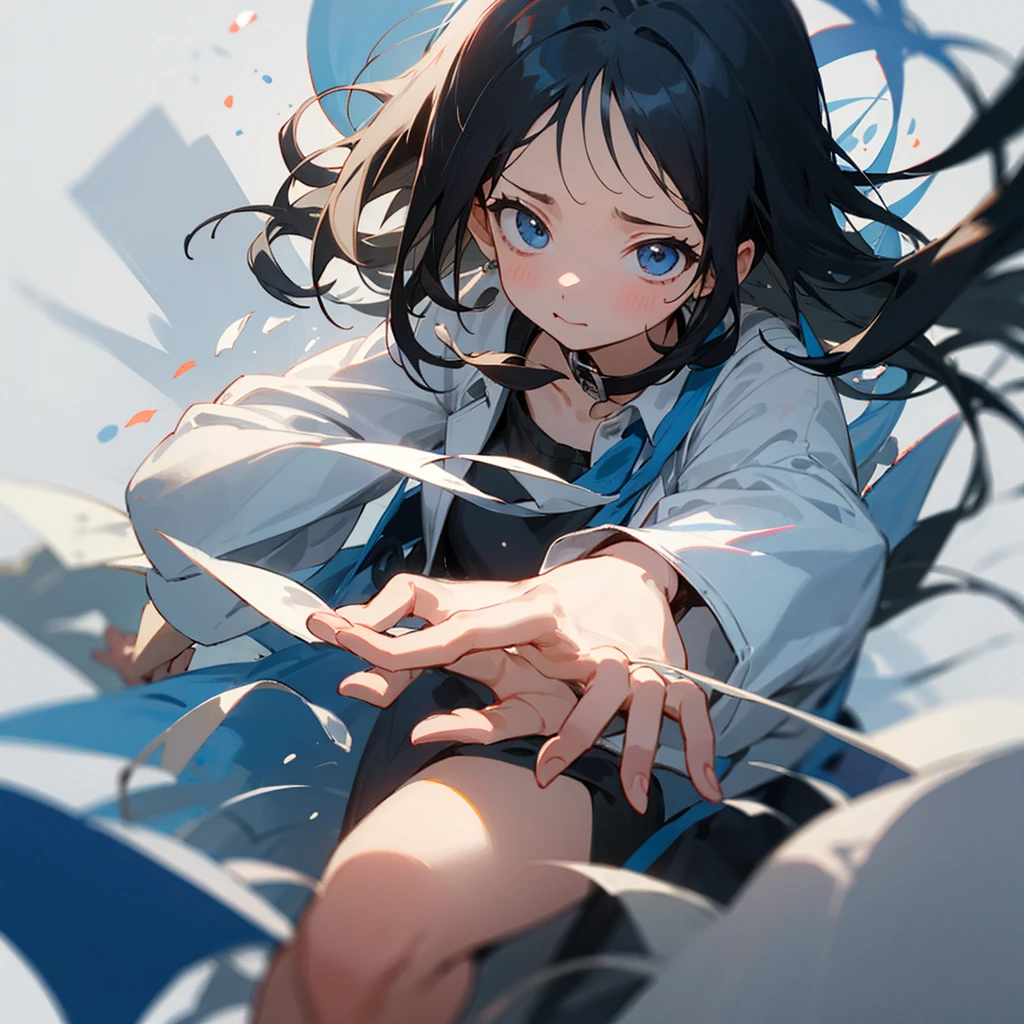 Girl、Black Hair、thin、white collar、one piece、cute、Thin lines、Hands are hidden。