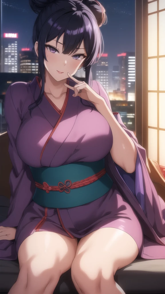 (Night:1.7), Cyberpunk_CityView, Before Window,
sitting at attention,sitting on couch,
purple_kimono,sash, shouji, shrine,japanese_clothes,
black_hair,Hair_bun,lipstick,
1 girl, Manga,30yo,mature female,Beautiful Finger,Beautiful long legs,Beautiful body,Beautiful Nose,Beautiful character design, perfect eyes, perfect face,
looking at viewer, 
official art,extremely detailed CG unity 8k wallpaper, perfect lighting,Colorful, Bright_Front_face_Lighting,
(masterpiece:1.0),(best_quality:1.0), ultra high res,4K,ultra-detailed,
photography, 8K, HDR, highres, absurdres:1.2, Kodak portra 400, film grain, blurry background, bokeh:1.2, lens flare, (vibrant_color:1.2)
(Beautiful,large_Breasts:1.4), (beautiful_face:1.5),(narrow_waist),