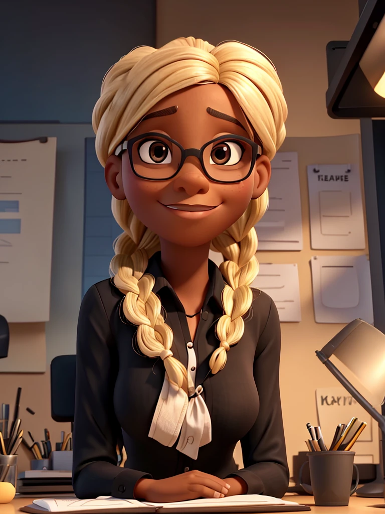portrait of an alone black woman 3D pixar style, sitting looking forward at an office desk, with blonde braid, slight smile on your face, With glasses, large breasts, a black shirt