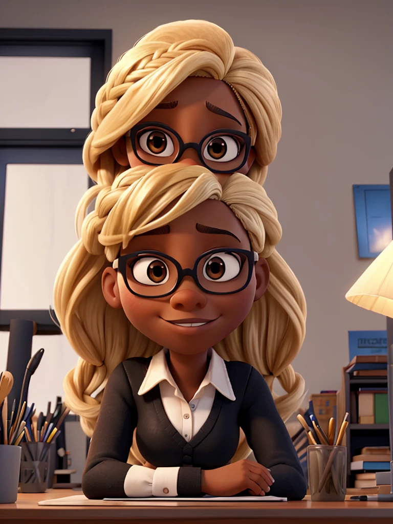 portrait of an alone black woman 3D pixar style, sitting looking forward at an office desk, with blonde braid, slight smile on your face, With glasses, large breasts, a black shirt