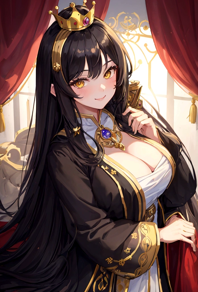 (masterpiece:1.2), best quality, 1girl, close up, portrait, solo, long hair, black hair, looking at viewer, l ong dress, royal dress, ahoge, very long hair, royal crown, yellow eyes, royal t hrone, seductive smile.