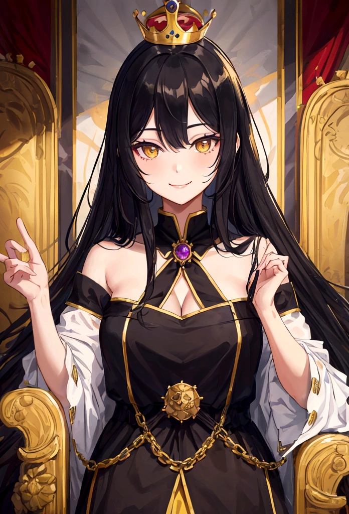 (masterpiece:1.2), best quality, 1girl, close up, portrait, solo, long hair, black hair, looking at viewer, l ong dress, royal dress, ahoge, very long hair, royal crown, yellow eyes, royal t hrone, seductive smile.