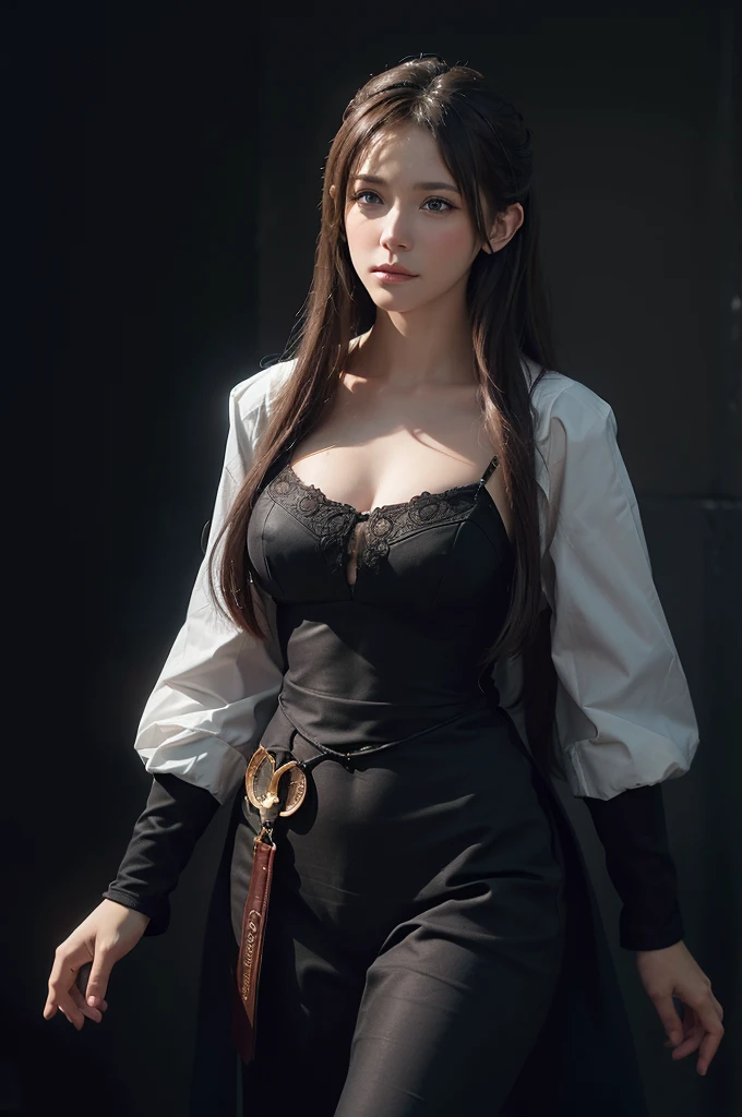 (front focus), (in the dark:1.6), Hyperrealist portrait of female by david hockney and alphonse mucha, fantasy art, photo realistic, dynamic lighting, artstation, poster, volumetric lighting, very detailed faces, 4 k, award winning, 1girl, in the dark, deep shadow, low key, cowboy shot, (official clothing:1.4), long hair, white hair