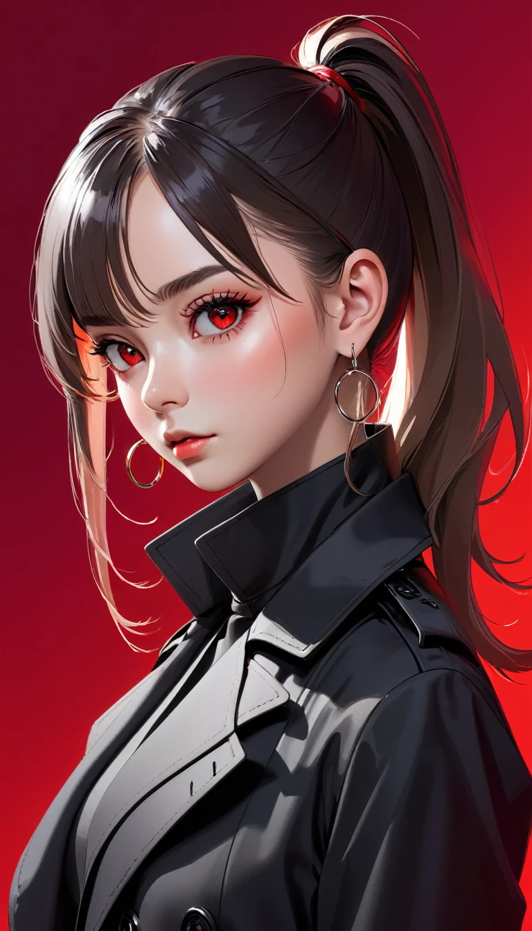 (masterpiece，high quality，8K).beautiful girl，Skin details，Bright Eyes，High Ponytail，Metal hoop earrings，Unique，Staring at the audience），（Black trench coat suit：1.37）。(freeze gun).Light and Shadow，Clean and simple red background