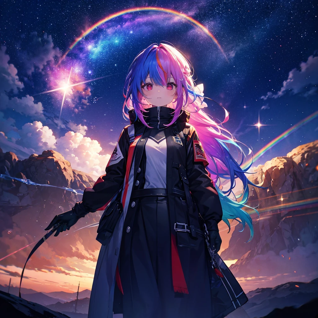 (((Fantasy Rainbow Hair Make your hair rainbow-colored on the inside Long Hair Dull red eyes))) ((Has a galaxy uniform Put on a coat without putting your arms through it Lonely despair)) ((tears gloves)) (((Broken glass))) (Distorted Space-Time star) Catch the wind autumn Shining Background Particles of light, rainbow colored edges