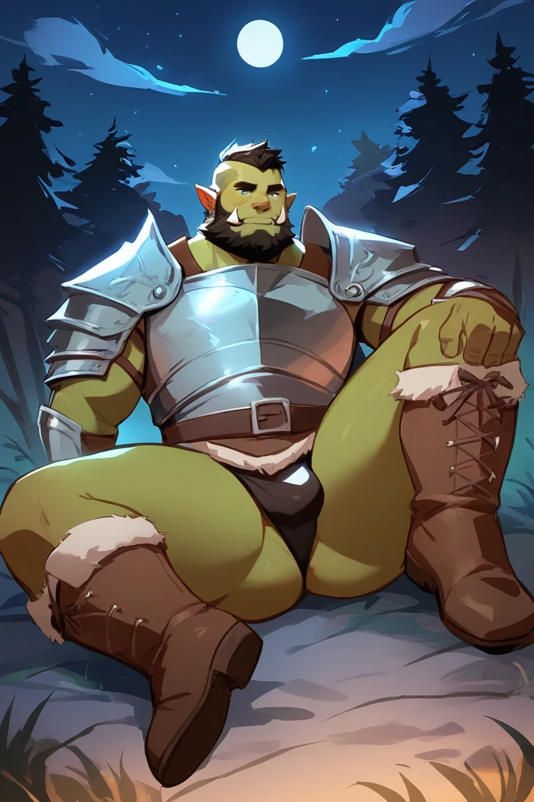 score_9, score_8_up, score_7_up, solo, male focus, chubby male, oily skin , orc, green skin, tusks, beard, outdoors, micro armor , shoulder armor, breastplate, upper body , pauldrons, night , night sky , (( black thong )) , full body , boots , laying , spread legs , legs up , massive ass
