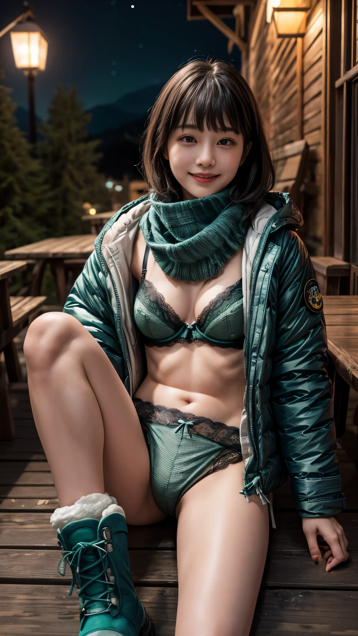 nsfw、(((Night view)))、((Scarf、White Breath、Beautiful starry sky、In the mountains、smile、in the forest、winter、Cottage))、Sit in front of the bonfire、Outdoor、(((Front open down jacket)))、((Leg warmers))、((Trekking boots))、 table、((Big Breasts))、((blunt bangs))、High resolution、High resolution、In 8K、Real Live Action、RAW Photosgraphy、Highest quality、masterpiece、tableトップ、erotic,White skin,knees, Absurd,Small face、masterpiece,Highest quality、超High resolution,RAW Photos,only,One person, One personで,whole body、very nice、Japanese women,(Realistic:1.4)、Photon Mapping、Realistic、Beautiful woman、物理ベースのonlyダリング、Qianfang、Depth of field rally background、 Soft Nose, Sparkling eyes、Glossy Lips、((Spread your legs))、(((A black lace green lingerie with a fine dot pattern design is visible)))、(((Ultra Small Panties)))