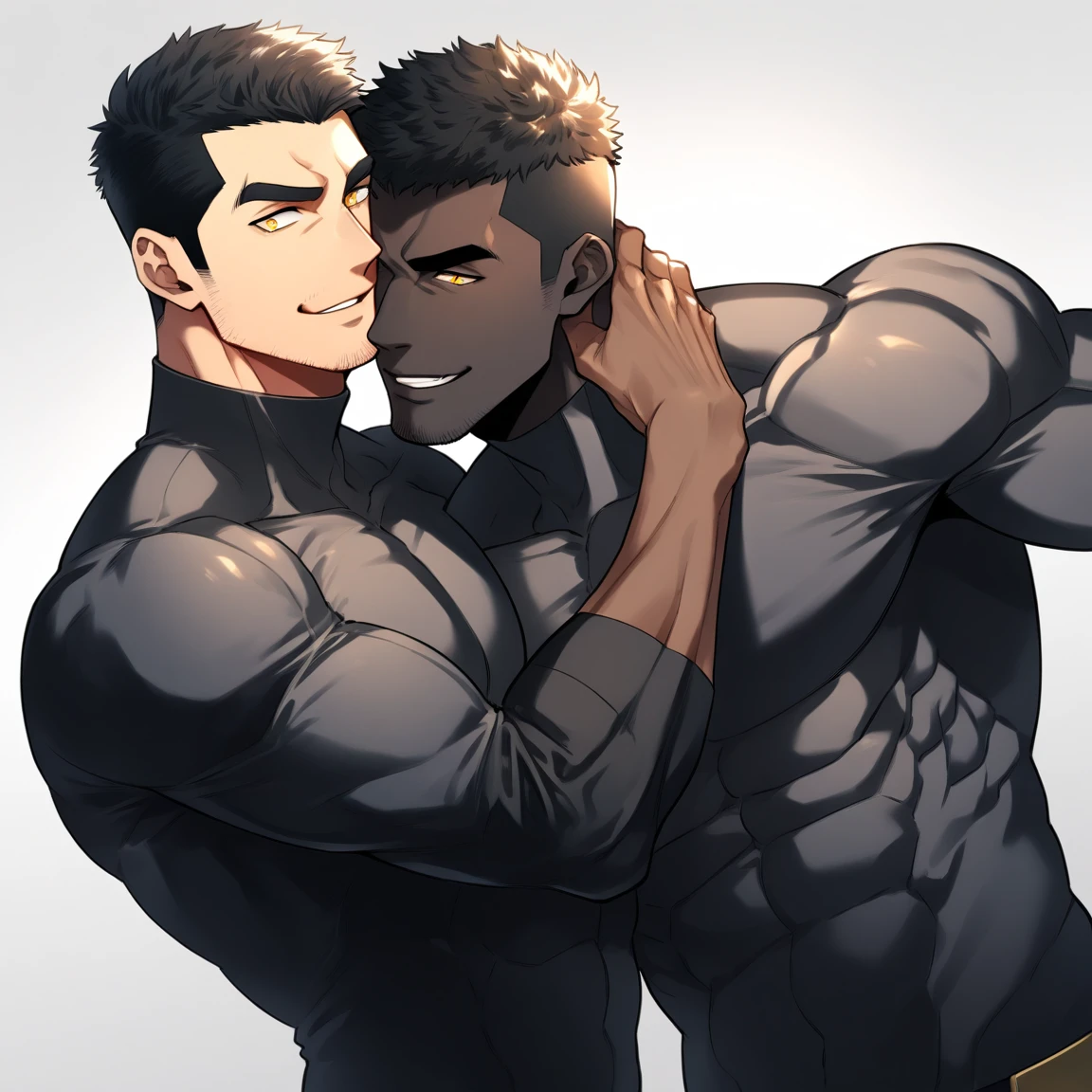 anime characters:Two superheroes in tights, Muscle superhero, negro black skin, They hugged and kissed each other, Bite your neck, Caress, Manliness, male focus, Yellow and black high collar long sleeve tight T-shirt, Slightly transparent material, Very tight, Round, full and perky chest muscles, Male dog waist, Slightly transparent, muscular male, muscular, only, Upper body, alone, Black short hair, Thick eyebrows, stubble, Yellow eyes, Grey background, simple background, amazing quality, best aesthetics, Ridiculous, bright pupils, crew cut, parted lips, seductive smile, torogao, naughty face, drop shadow, best quality