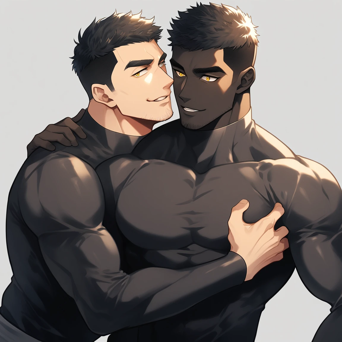 anime characters：Two superheroes in tights, Muscle superhero, negro black skin, They hugged and kissed each other, Bite your neck, Caress, Manliness, male focus, Yellow and black high collar long sleeve tight T-shirt, Slightly transparent material, Very tight, Round, full and perky chest muscles, Male dog waist, Slightly transparent, muscular male, muscular, only, Upper body, alone, Black short hair, Thick eyebrows, stubble, Yellow eyes, Grey background, simple background, amazing quality, best aesthetics, Ridiculous, bright pupils, crew cut, parted lips, seductive smile, torogao, naughty face, drop shadow, best quality