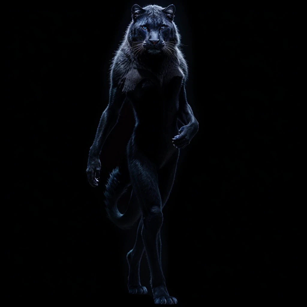 Complete full body image and very real. A Panther Woman, she walks gracefully on two legs, with long black hair, black fur with deep indigo blue slitted eyes. Photorealism, full view, highly detailed image, very realistic, hyperrealism, Ultra HD, 8k, 5, sharp focus, intricate and mysterious masterpiece. (Long exposure photography Very detailed close-up portrait artistic illustration: final quality, medium shot, backlight, Rich and striking. Enigmatic and mysterious manipulations (composition of the rule of thirds), ((detailed environment with strong lines) The best quality, in camera, white light, warm and clean aesthetics, dazzling screen composed of millions of brilliant ultraviolet rays, HDR.