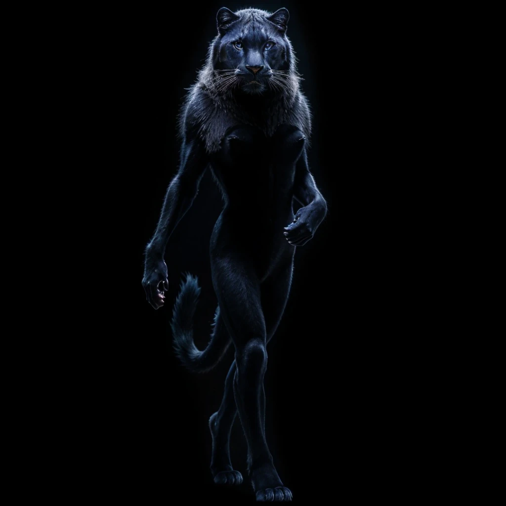 Complete full body image and very real. A Panther Woman, she walks gracefully on two legs, with long black hair, black fur with deep indigo blue slitted eyes. Photorealism, full view, highly detailed image, very realistic, hyperrealism, Ultra HD, 8k, 5, sharp focus, intricate and mysterious masterpiece. (Long exposure photography Very detailed close-up portrait artistic illustration: final quality, medium shot, backlight, Rich and striking. Enigmatic and mysterious manipulations (composition of the rule of thirds), ((detailed environment with strong lines) The best quality, in camera, white light, warm and clean aesthetics, dazzling screen composed of millions of brilliant ultraviolet rays, HDR.