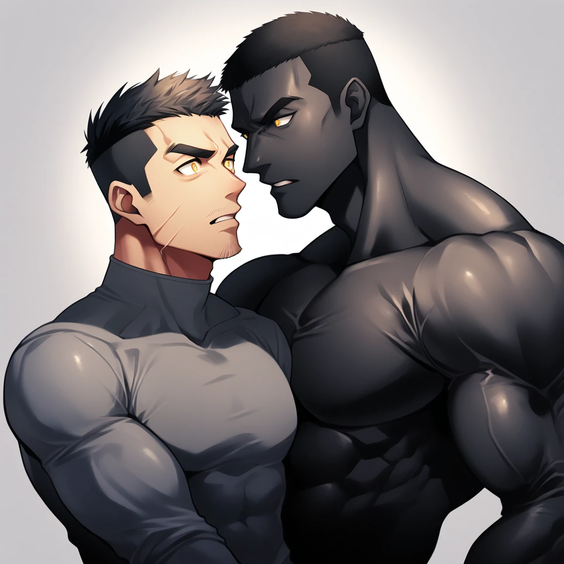 aanime characters：Two superheroes in tights, Muscle superhero, Black Short Hair, negro black skin, They hugged and kissed each other, Bite your neck, Caress, Manliness, male focus, Yellow and black high collar long sleeve tight T-shirt, Slightly transparent material, Very tight, Round, full and perky chest muscles, Muscle waist, Slightly transparent, muscular male, muscular, only, Upper body, alone, Black Short Hair, Thick eyebrows, stubble, Yellow eyes, Grey background, simple background, amazing quality, best aesthetics, Ridiculous, bright pupils, crew cut, parted lips, heavy breathing, pain, horrified, drop shadow, best quality