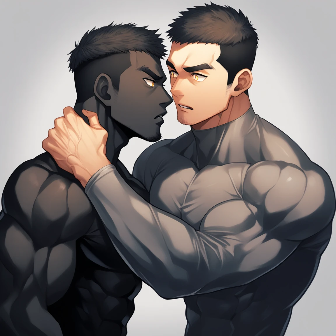 aanime characters:Two superheroes in tights, Muscle superhero, Black Short Hair, negro black skin, They hugged and kissed each other, Bite your neck, Caress, Manliness, male focus, Yellow and black high collar long sleeve tight T-shirt, Slightly transparent material, Very tight, Round, full and perky chest muscles, Muscle waist, Slightly transparent, muscular male, muscular, only, Upper body, alone, Black Short Hair, Thick eyebrows, stubble, Yellow eyes, Grey background, simple background, amazing quality, best aesthetics, Ridiculous, bright pupils, crew cut, parted lips, heavy breathing, pain, horrified, drop shadow, best quality