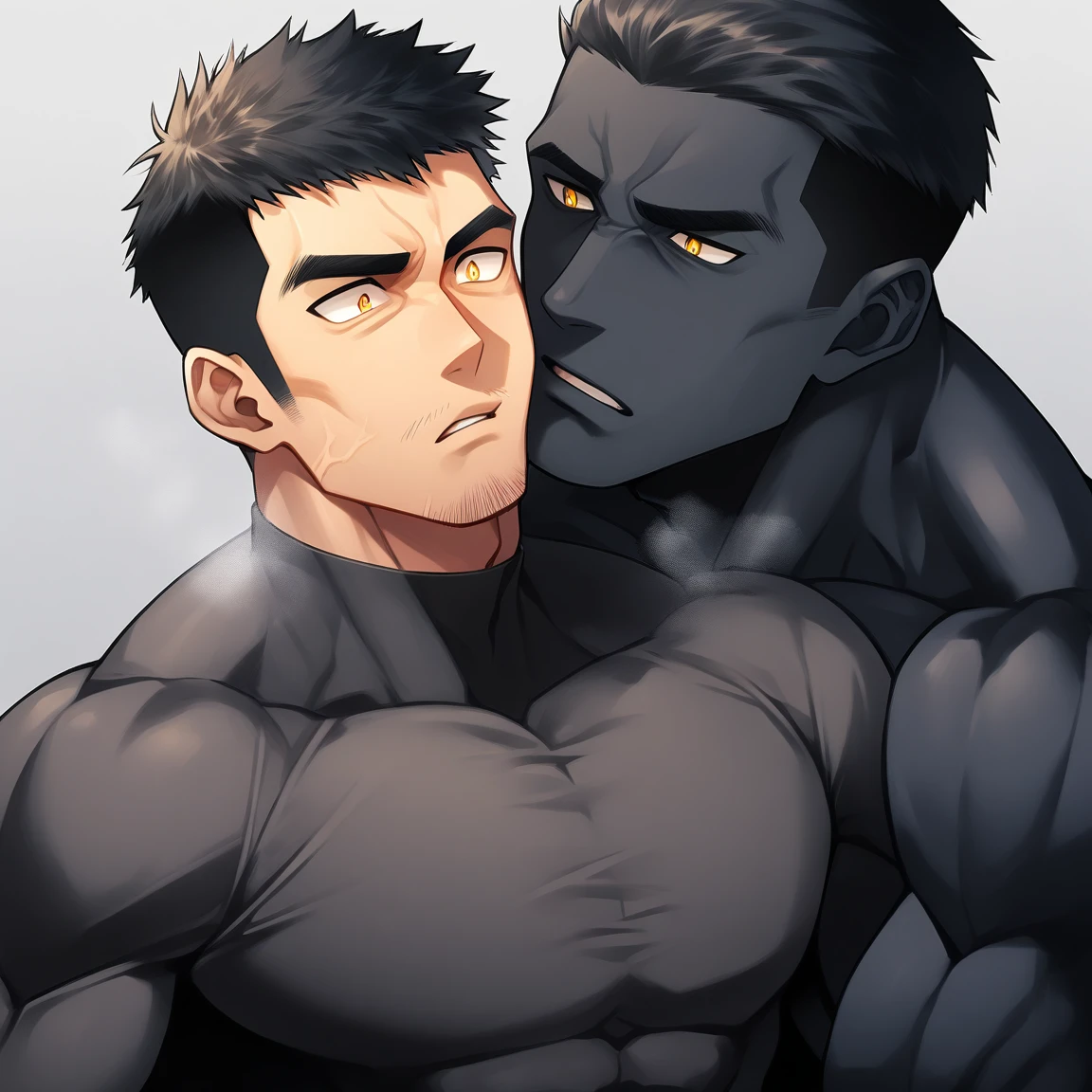 aanime characters:Two superheroes in tights, Muscle superhero, Black Short Hair, negro black skin, They hugged and kissed each other, Bite your neck, Caress, Manliness, male focus, Yellow and black high collar long sleeve tight T-shirt, Slightly transparent material, Very tight, Round, full and perky chest muscles, Muscle waist, Slightly transparent, muscular male, muscular, only, Upper body, alone, Black Short Hair, Thick eyebrows, stubble, Yellow eyes, Grey background, simple background, amazing quality, best aesthetics, Ridiculous, bright pupils, crew cut, parted lips, heavy breathing, pain, horrified, drop shadow, best quality