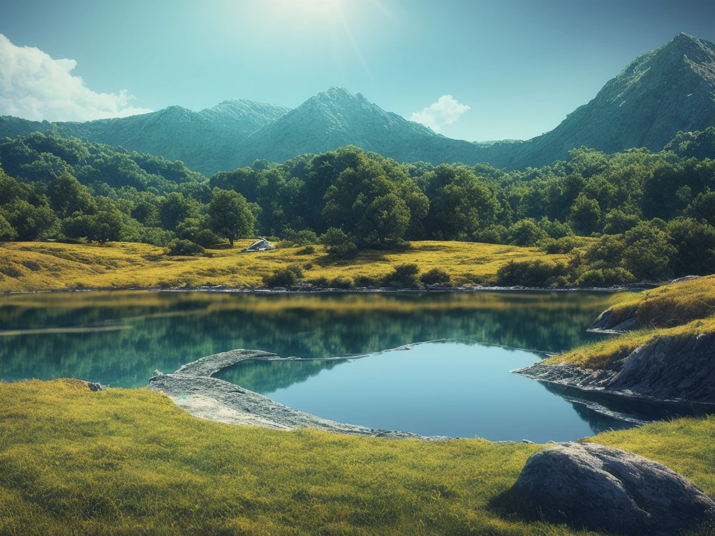A peaceful place, very happy, Aesthetic, calm, landscape. photoPractical, 8K Ultra HD, Studio Quality, ultra Practical, Maximum details, Large scale, Post-Processing, Practical, Photorealism, Photoshop, photography, detailed, light, landscape, panoramic, landscape, Ray Tracing, cinema4d