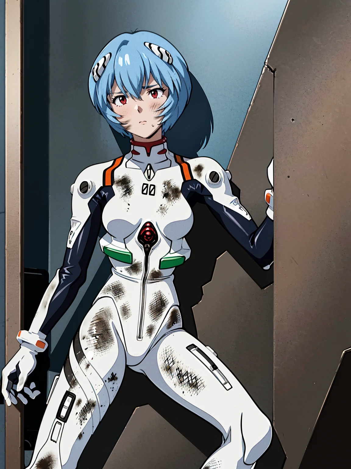 ((Highest quality, 8k wallpaper)),(masterpiece, Highest quality),Very detailed,High resolution,(Official Art:1.3),(((Anime screenshots,Black outline))),One girl,alone, Break mer1,(Rei Ayanami {Neon Genesis Evangelion,}1.2),masterpiece, best quality, outdoor, 1girl, Solo,red eyes,short hair,blue hair, (White plug suit:1.4), skin tight,(Dirty Costume with mud,gym storeroom:1.5),(((dirty:1.4)))
