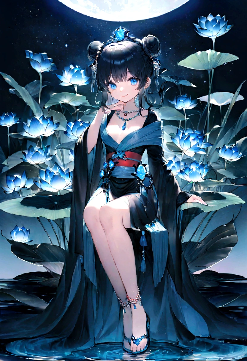Drawing of a fish girl wearing a gorgeous ancient Miao traditional costume,She has black fish scales,The delicate jade-like face reveals gentleness and wisdom。She wore a beautiful bun on her head.,Decorated with pearls and crystals,Like the moon in the water。Her blue eyes are bright and clear,It seems to be able to see through people's hearts。She holds a handful of water plants,Gently fiddle with the room,Rippling water,The notes are as melodious as spring water。A tranquil water backdrop,Breeze in the wind,The lotus leaf swayed,Reflecting her gentle smile,Exudes a tranquil and peaceful atmosphere。She was dressed in black,As black as night,It highlights her graceful figure。Her charming smile,Sharp teeth looming in the mouth。Her dress is a combination of ancient Greek robes and Miao cloth.,Wear a blue belt,With Miao style decoration,A red belt around the neckline。It's night,no moon,Her blue eyes sparkle like a ghost。Her feet were wearing black and cloth shoes,There are blue teardrop-shaped gemstones on it。