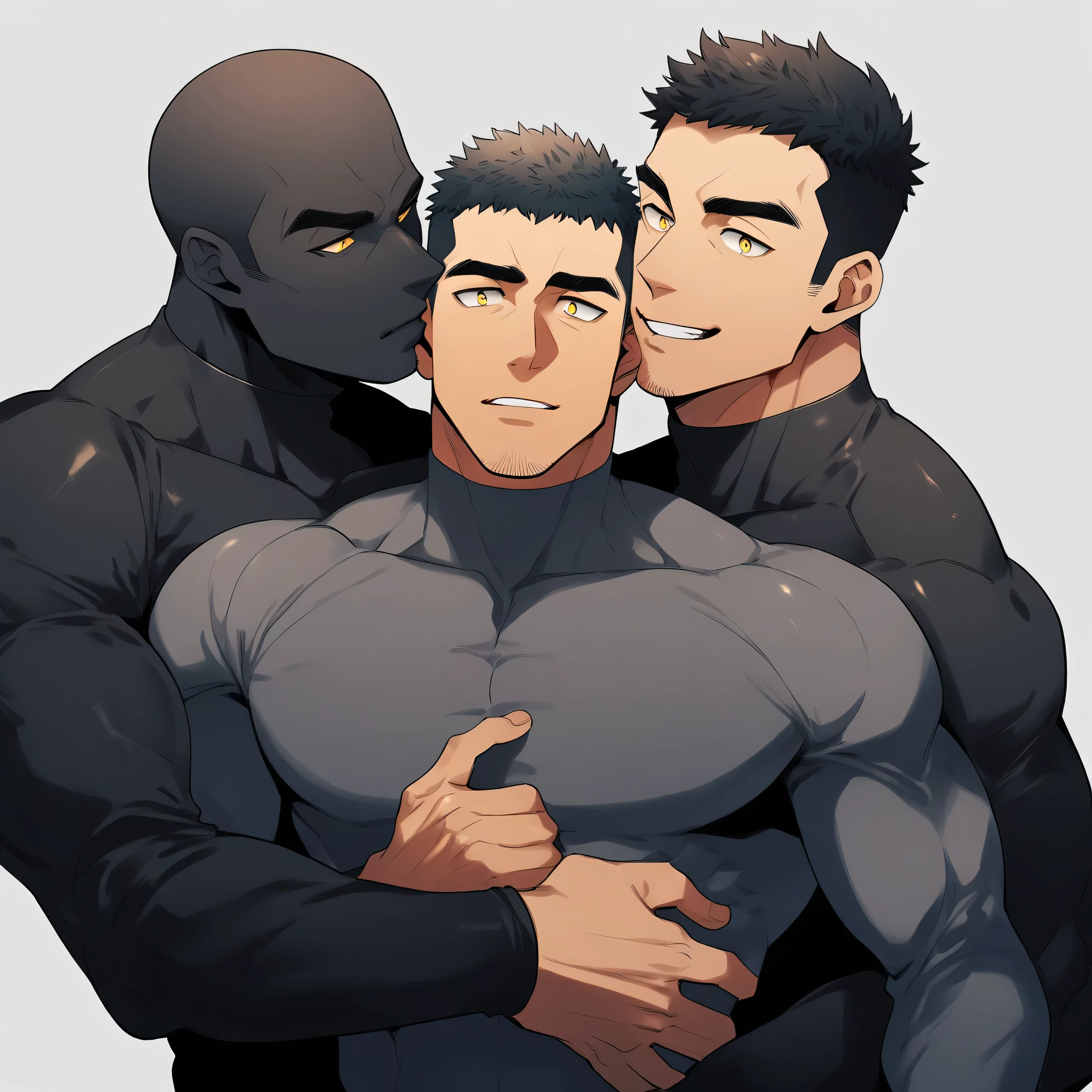 anime characters：Two superheroes in tights, Muscle superhero, negro black skin, They hugged and kissed each other, Bite your neck, Caress, Manliness, male focus, Yellow and black high collar long sleeve tight T-shirt, Slightly transparent material, Very tight, Round, full and perky chest muscles, Male dog waist, Slightly transparent, muscular male, muscular, only, Upper body, alone, Black short hair, Thick eyebrows, stubble, Yellow eyes, Grey background, simple background, amazing quality, best aesthetics, Ridiculous, bright pupils, crew cut, parted lips, seductive smile, torogao, naughty face, drop shadow, best quality