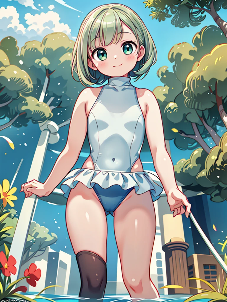 Highest quality, masterpiece, Ultra-high resolution, (Realistic:1.4), RAW Photos, Intricate details, Big beautiful eyes, Perfect contours, masterpiece, One Girl, ((A young female college student))Braided Bob, chest is medium size, Competitive swimmer, (one piece, turtleneck,Sleeveless swimsuit), Clear metallic green swimsuit, tight high leg swimsuit, ((back view:1.3, looking over shoulder:1.3, shoot from below:1.3)), Portraiture, View your viewers, Outdoor swimming pool, Partially submerged, Wet Skin, smile, (Underarm)