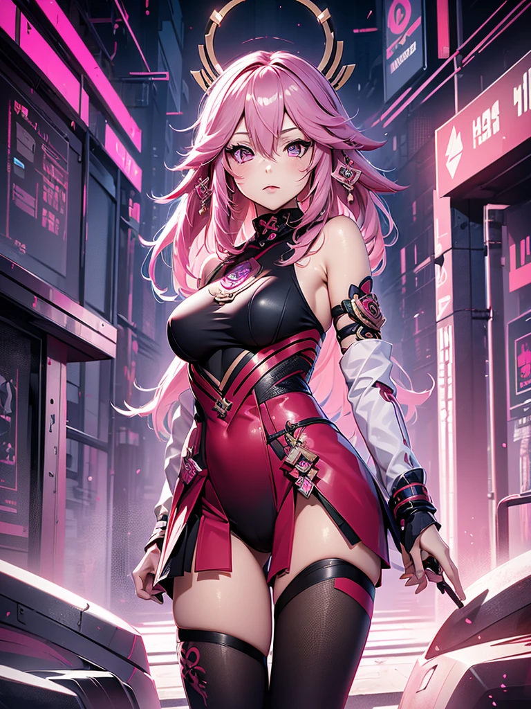 Yae miko from Genshin impact, 1girl, wearing a futuristic outfit, cyberpunk outfit, at a future city, cyberpunk look, pink colour hair, 8k, high detailed, high quality
