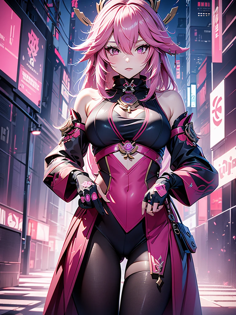 Yae miko from Genshin impact, 1girl, wearing a futuristic outfit, cyberpunk outfit, at a future city, cyberpunk look, pink colour hair, 8k, high detailed, high quality