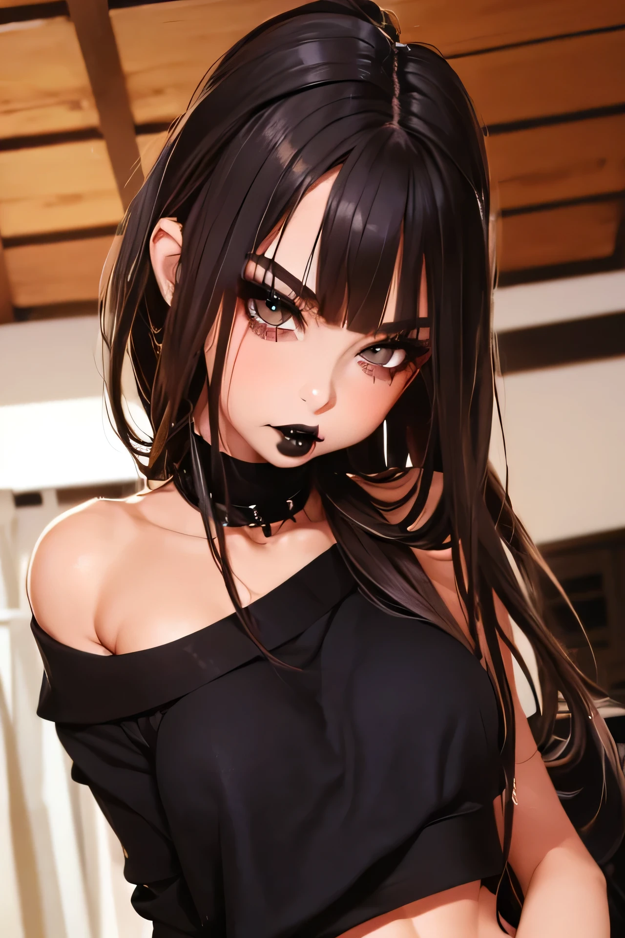 wide hips, (best quality, masterpiece:1.2), (((young girl))), beautiful face, RileyReid, inside a house, black oversized sweater, goth girl, ((heavy makeup)), (((black lipstick))), long nails. black polish nails, (((small breasts))), ((thick tighs)), young sensual gravure idol, (((face))), (tan skin), ((hime haircut)), ((bags under eyes)), ((black eyeshadow)), ((small girl)), ((snappy bangs)), blurred background