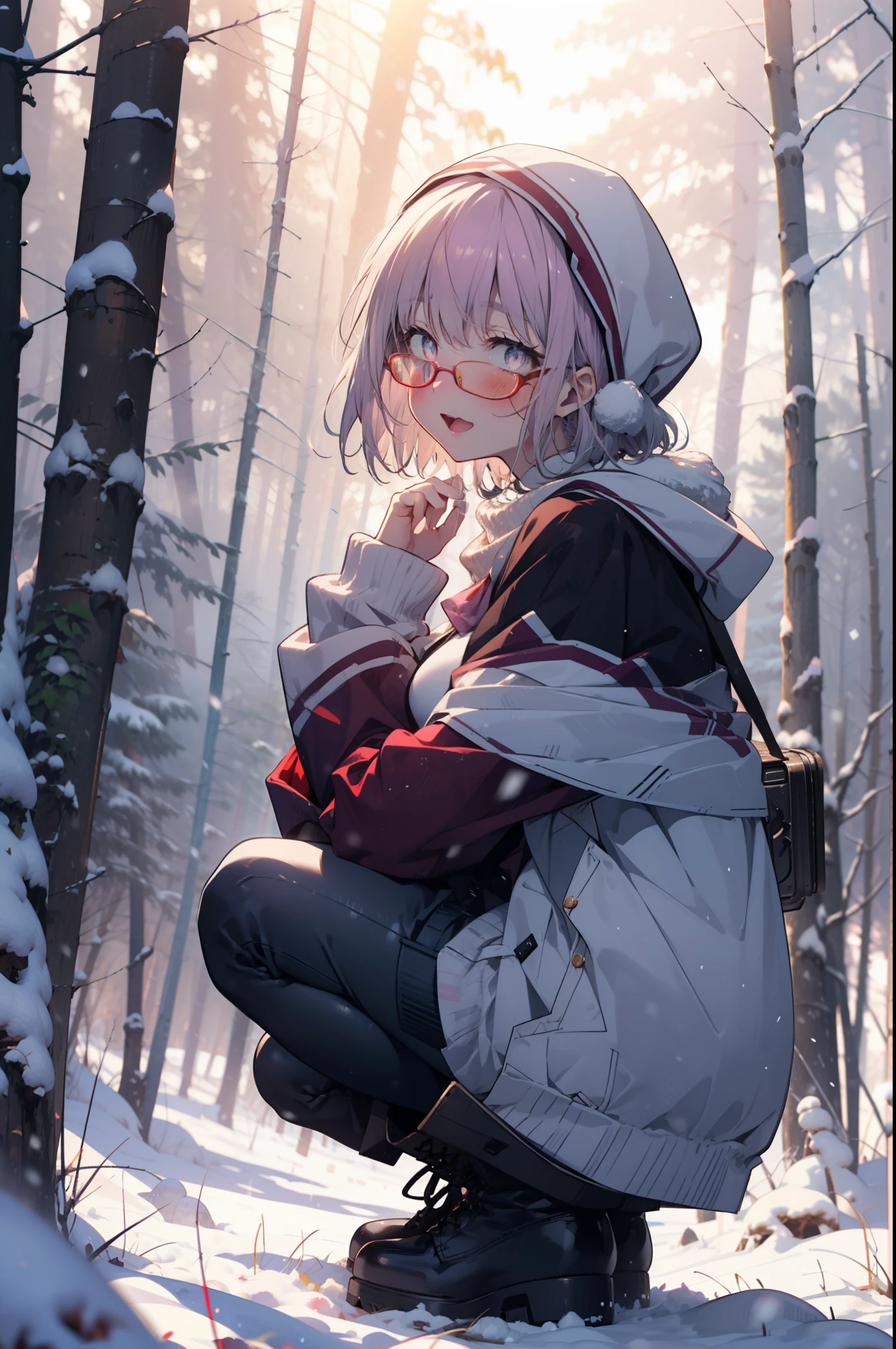akaneshinjou, shinjou akane, Light purple hair, (Pink Eyes:1.2), short hair,Akagi Glasses,hair band,smile,blush,White Breath,Big Breasts,
Open your mouth,snow,Ground bonfire, Outdoor, boots, snowing, From the side, wood, suitcase, Cape, Blurred, having meal, forest, White handbag, nature, Squat, Mouth closed, Cape, winter, Written boundary depth, Black shoes, red Cape break looking at viewer, Upper Body, whole body, break Outdoor, forest, nature, break (masterpiece:1.2), Highest quality, High resolution, unity 8k wallpaper, (shape:0.8), (Beautiful and beautiful eyes:1.6), Highly detailed face, Perfect lighting, Highly detailed CG, (Perfect hands, Perfect Anatomy),