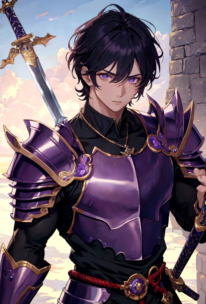 (masterpiece:1.2), best quality, 1 man, anime boy, muscular, close up, portrait, solo, l ong hair, b l ue hair, looking at viewer, violet eyes, stoic, handsome, armor, sword