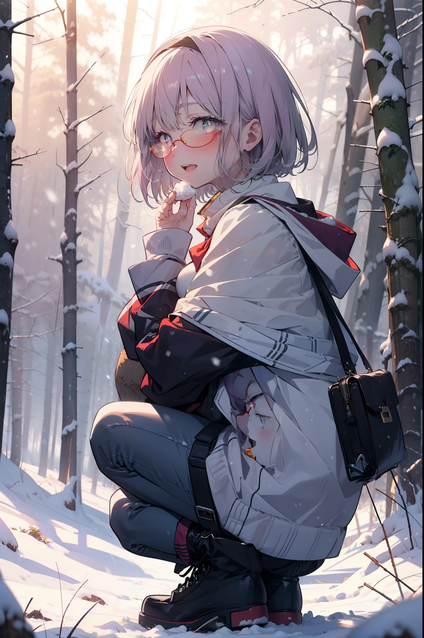 akaneshinjou, shinjou akane, Light purple hair, (Pink Eyes:1.2), short hair,Akagi Glasses,hair band,smile,blush,White Breath,Big Breasts,
Open your mouth,snow,Ground bonfire, Outdoor, boots, snowing, From the side, wood, suitcase, Cape, Blurred, having meal, forest, White handbag, nature, Squat, Mouth closed, Cape, winter, Written boundary depth, Black shoes, red Cape break looking at viewer, Upper Body, whole body, break Outdoor, forest, nature, break (masterpiece:1.2), Highest quality, High resolution, unity 8k wallpaper, (shape:0.8), (Beautiful and beautiful eyes:1.6), Highly detailed face, Perfect lighting, Highly detailed CG, (Perfect hands, Perfect Anatomy),