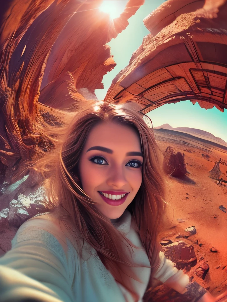 1 ultra hot gorgeous European woman, age 23, fisheye selfie, wind, messy hair, sunset, planet mars landscape, (aesthetics and atmosphere:1.2), smiling, detailed eyes, detailed lips, extremely detailed face, long eyelashes, intricate details, cinematic lighting, vivid colors, hyper realistic, 8K, best quality, masterpiece