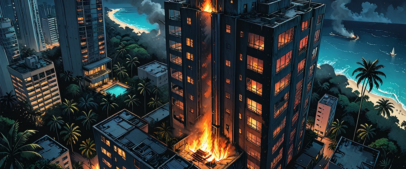 burning first floor lonely skyscraper, smoke, 
(outside of a skyscraper), night, dark, 
the light is only from a 1skyscraper, tropical, top view, palm, ((bird's-eye view)),
skyscraper, (tropical island), ocean, tropical forest, graphic style of novel comics,  2d, 8k, hyperrealism, masterpiece, high resolution, best quality, ultra-detailed, super realistic, Hyperrealistic art, high-quality, ultra high res, highest detailed, lot of details, Extremely high-resolution details, incredibly lifelike, colourful, soft cinematic light,