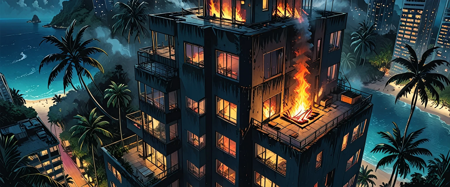 burning first floor lonely skyscraper, smoke,
(outside of a skyscraper), night, dark,
the light is only from a 1skyscraper, tropical, top view, palm, ((bird's-eye view)),
skyscraper, (tropical island), ocean, tropical forest, graphic style of novel comics, 2d, 8k, hyperrealism, masterpiece, high resolution, best quality, ultra-detailed, super realistic, Hyperrealistic art, high-quality, ultra high res, highest detailed, lot of details, Extremely high-resolution details, incredibly lifelike, colourful, soft cinematic light,
