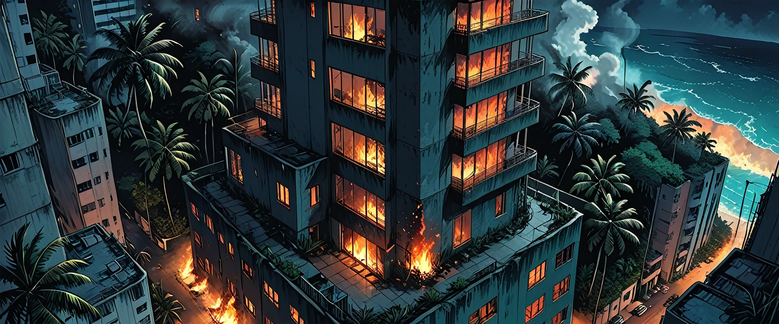burning first floor lonely skyscraper, smoke,
(outside of a skyscraper), night, dark,
the light is only from a 1skyscraper, tropical, top view, palm, ((bird's-eye view)),
skyscraper, (tropical island), ocean, tropical forest, graphic style of novel comics, 2d, 8k, hyperrealism, masterpiece, high resolution, best quality, ultra-detailed, super realistic, Hyperrealistic art, high-quality, ultra high res, highest detailed, lot of details, Extremely high-resolution details, incredibly lifelike, colourful, soft cinematic light,